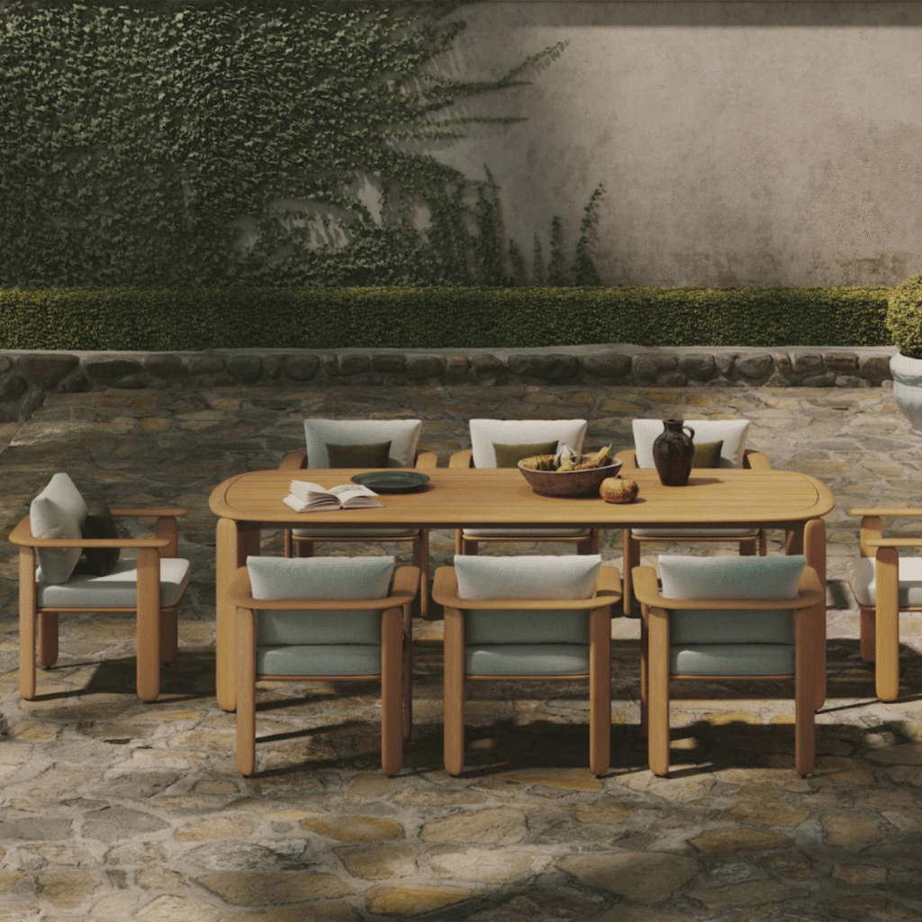 "IWAN 8-Seater Luxury Teak Wood Outdoor Dining Set by Golden Hands – Durable and Comfortable Outdoor Furniture"