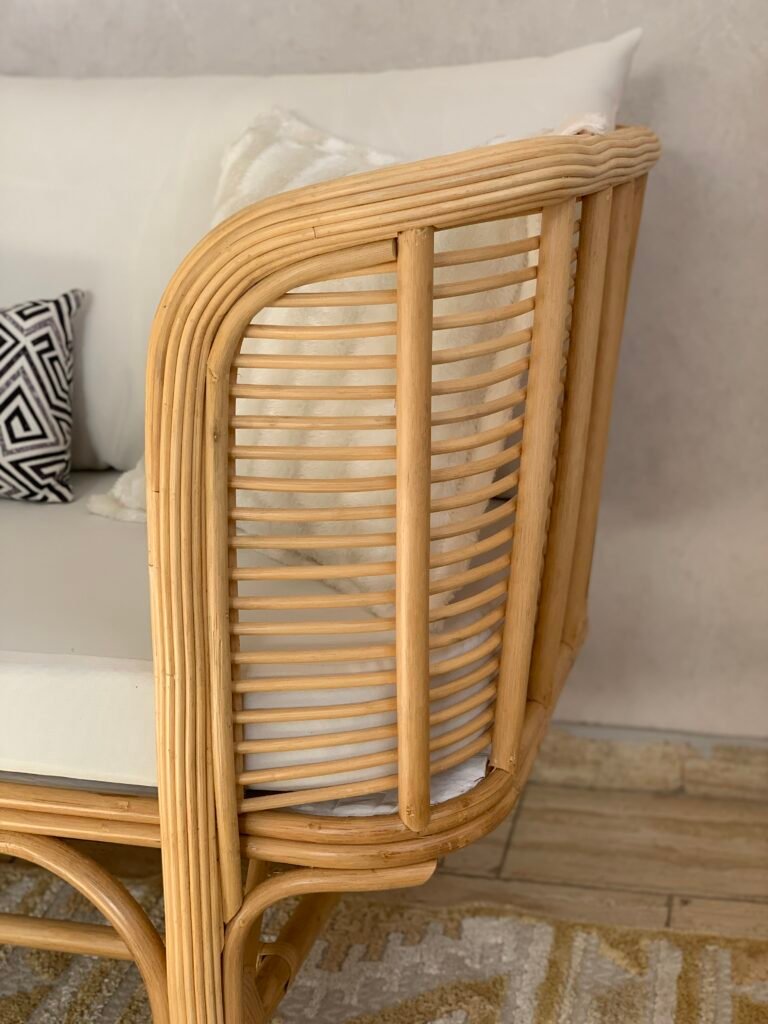 SAMA Curved Rattan Sofa with Ivory Cushions