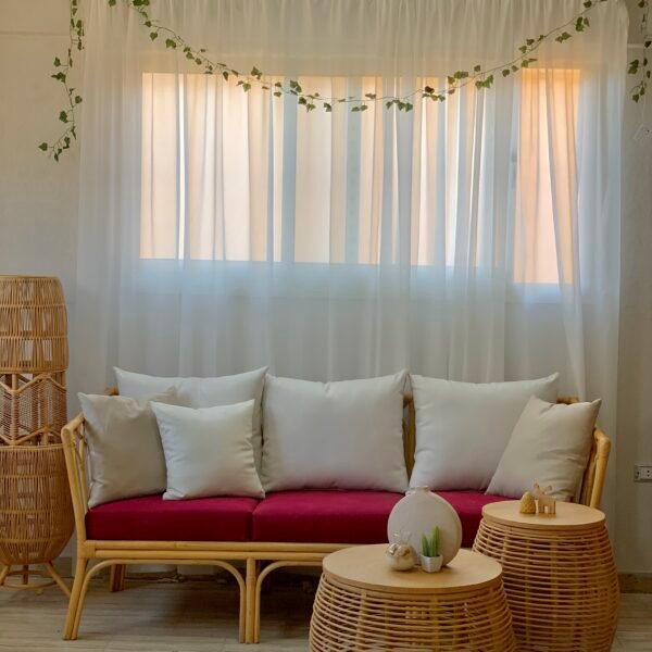 RIWAQ handmade bamboo sofa with arched backrest and crimson seat cushion