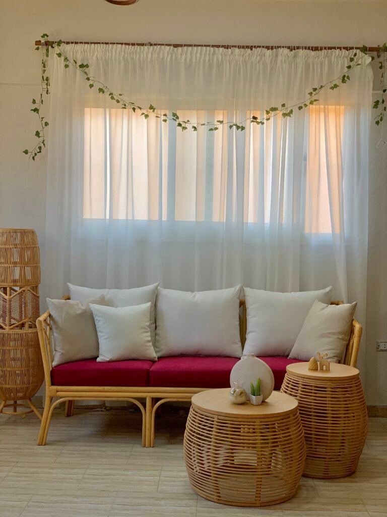 RIWAQ handmade bamboo sofa with arched backrest and crimson seat cushion